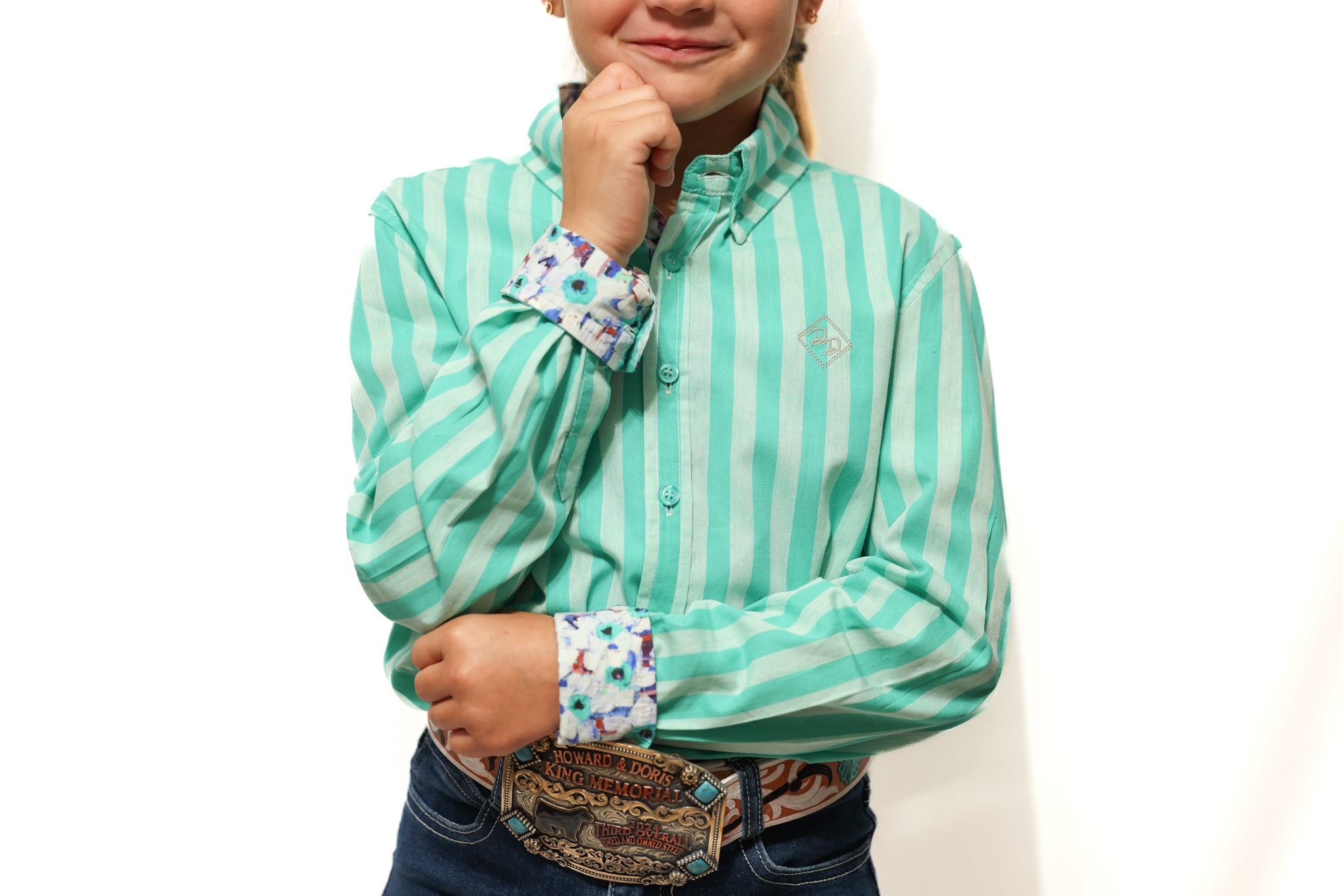 Striped Tealicious Youth Long-Sleeved Button Down Shirt