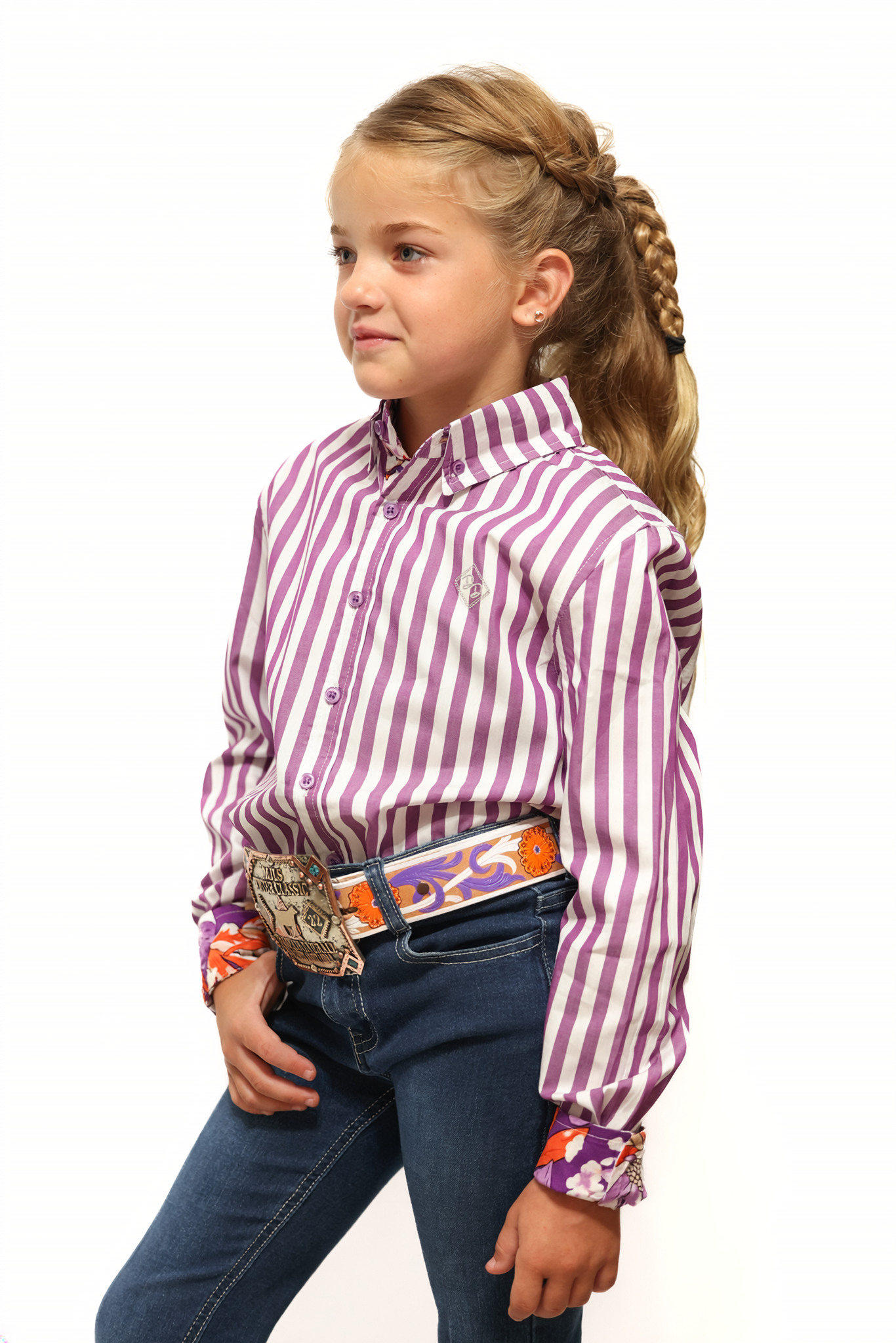 Purple Stripe Youth Long-Sleeved Button Down Shirt