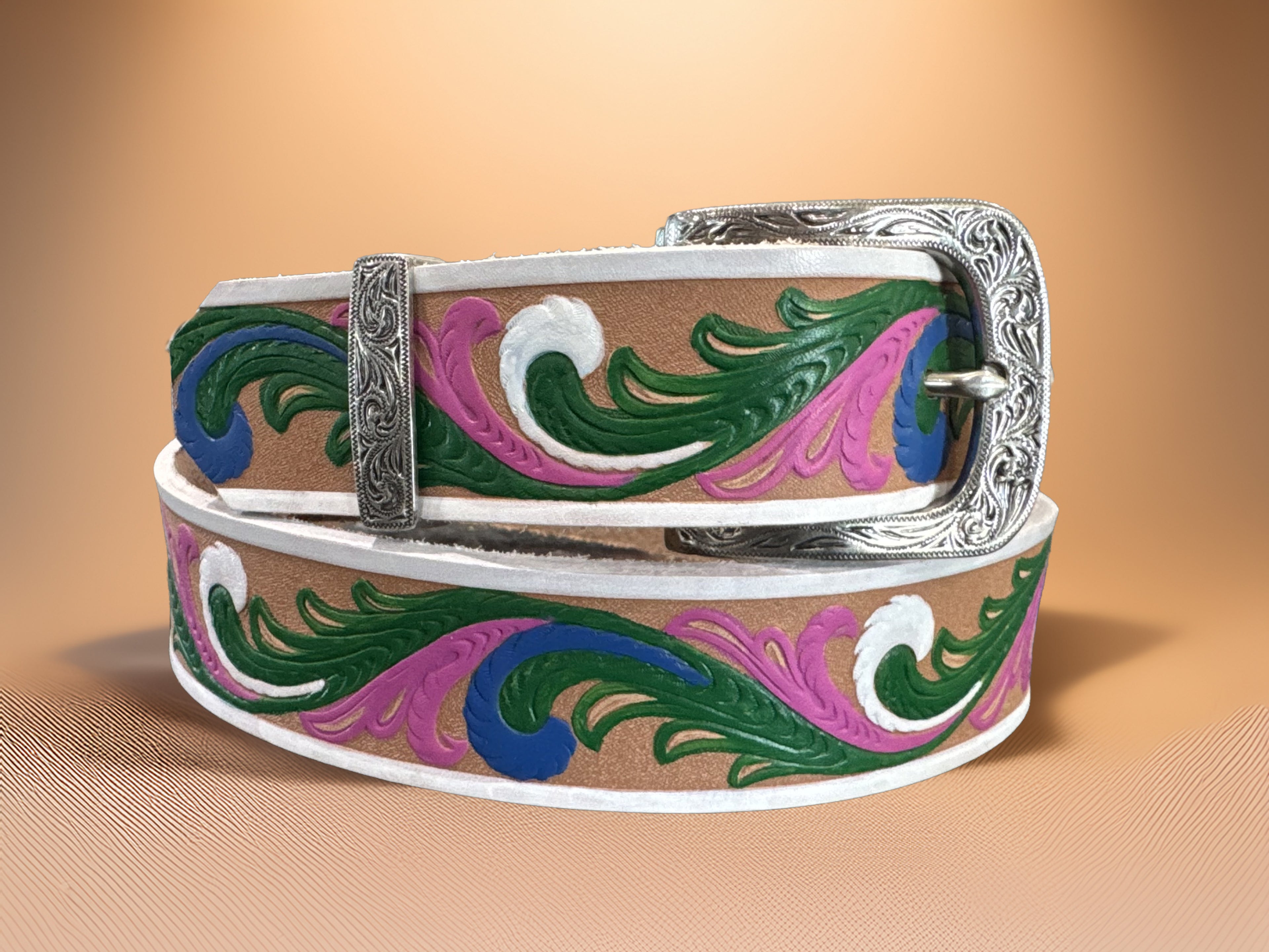 Green, Pink, Blue and White Hand-Painted Belt