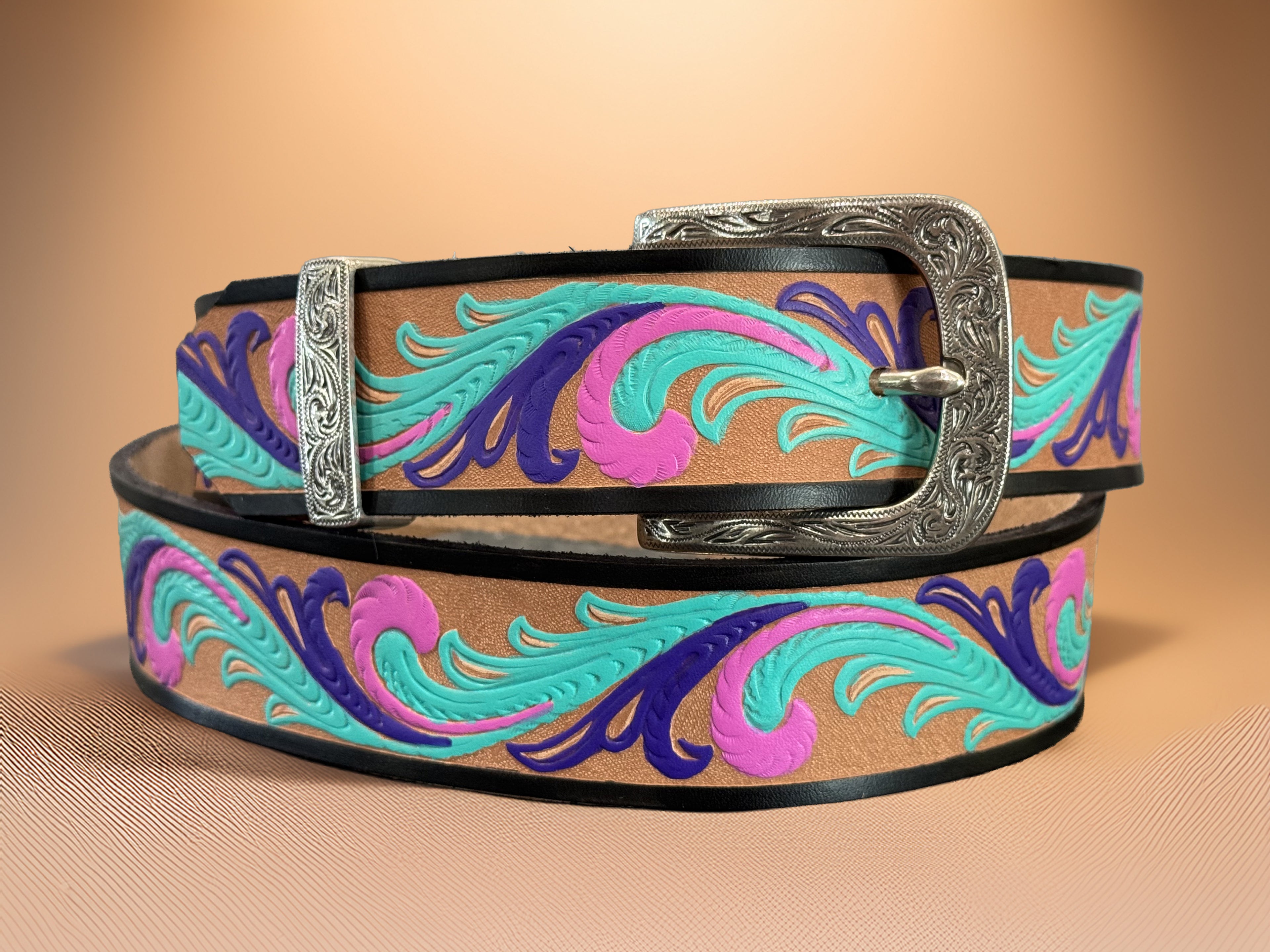 Pink, Purple and Teal Hand-Painted Belt