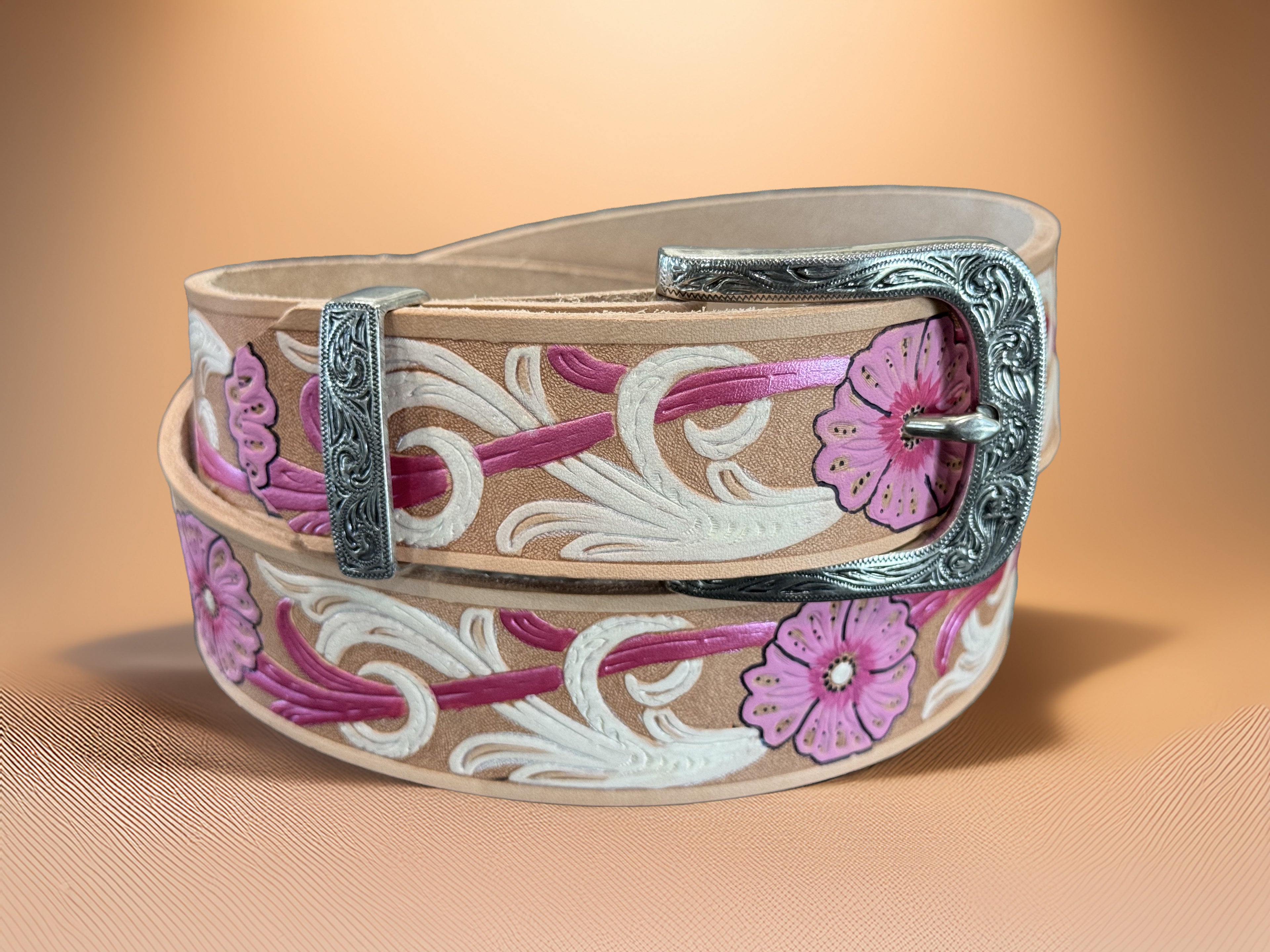 Fuchsia and Cream Hand-Painted Belt